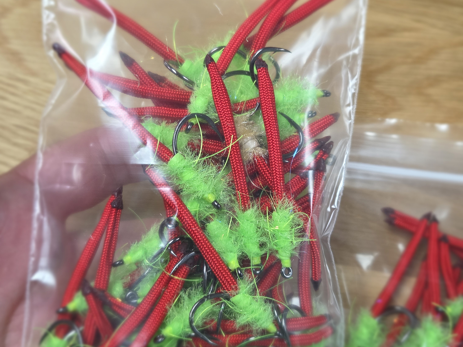 Tarpon worm flies ready to ship.